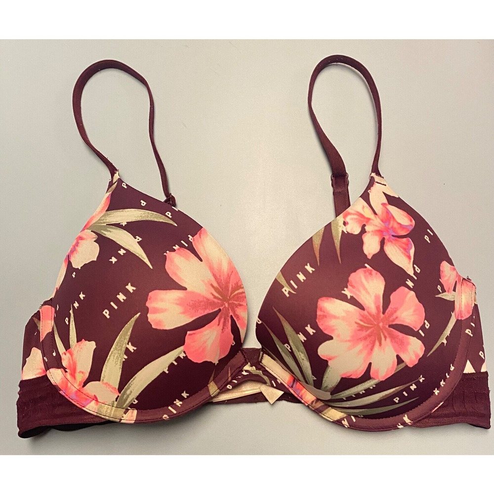 PINK Victoria’s Secret Sz 32D Wear Everywhere Push-Up Bra Tropical Print, 1790
